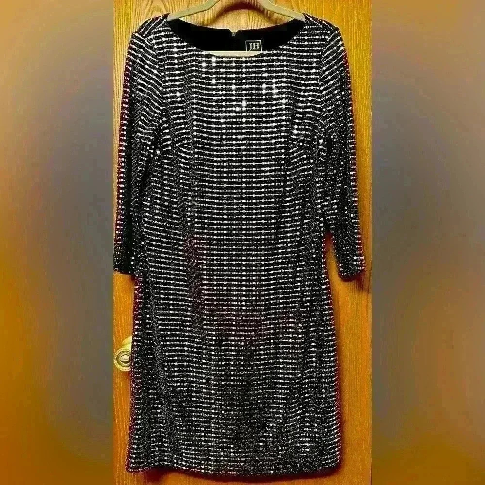 JH Evenings Black Stretch Silver Glitter Long Sleeve Dress Size 12 - Sparkles